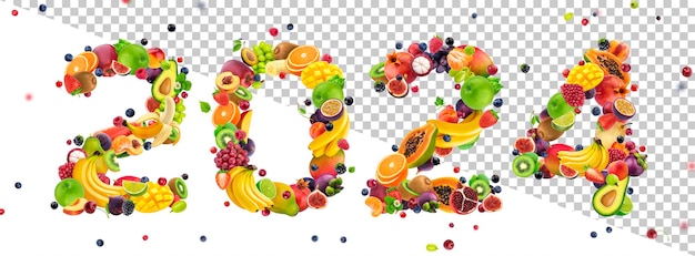 2024 year number made of fruits and berries isolated on white background Banner design of healthy