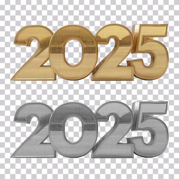 PSD 2025 typography new year number in gold and silver colors isolated on a transparent background