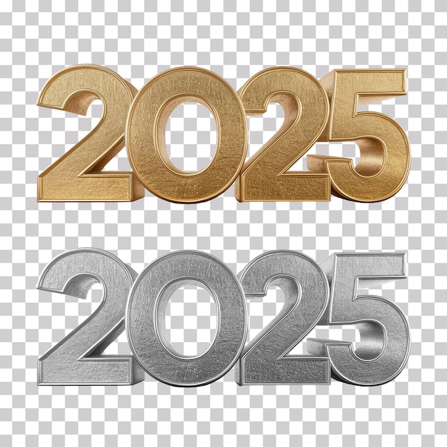 PSD 2025 typography new year number in gold and silver colors isolated on a transparent background