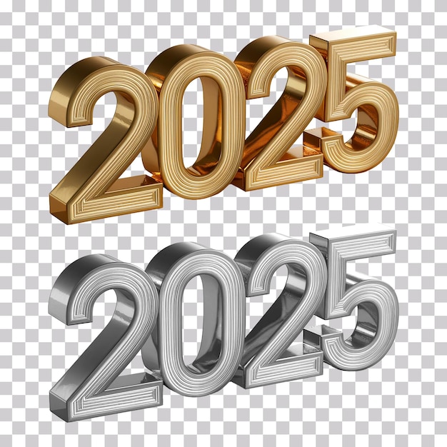 2025 typography new year number in gold and silver colors isolated on a transparent background