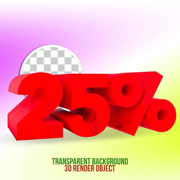 25 percent 3D Render object with red colour with transparent background