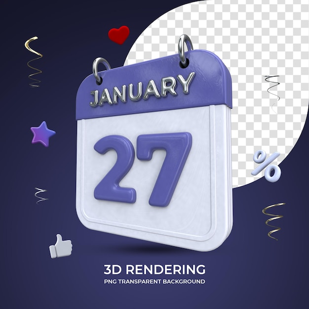 27 January Calendar 3d rendering isolated transparent background