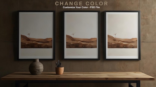 3 blank wall art mockup closeup vertical blank mockup brown wall theme