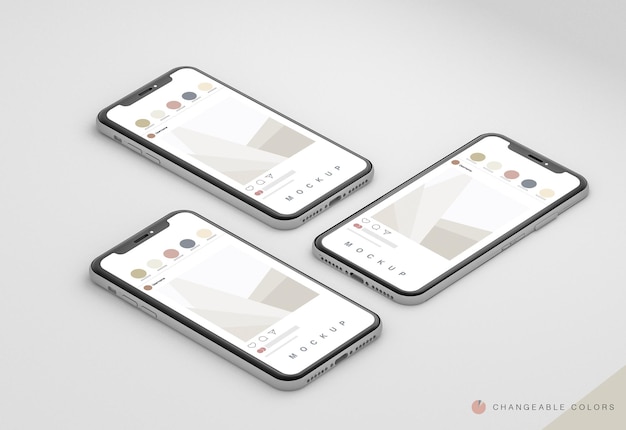 3 Isometric Minimal 3D phones with rrss interface mockup