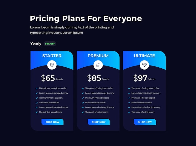 3 plan pricing table template design, dark theme