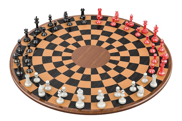 PSD 3 player chess set with round circular board 3d rendering isolated on transparent background