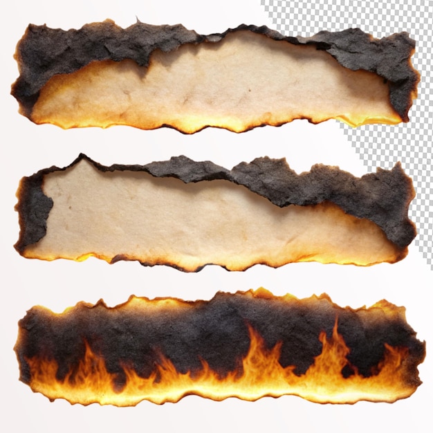 PSD 3 set burnt paper edges with fire and black ash on transparent background