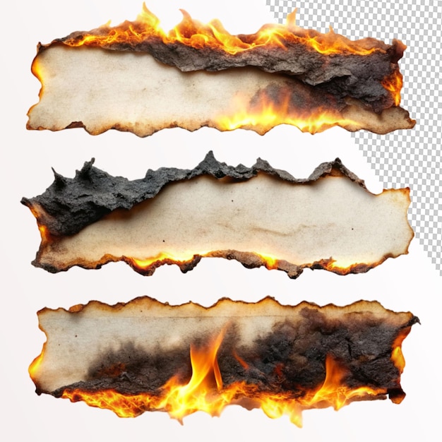 PSD 3 set burnt paper edges with fire and black ash on transparent background