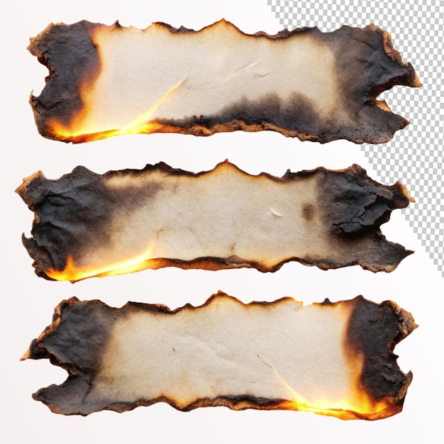 PSD 3 set burnt paper edges with fire and black ash on transparent background