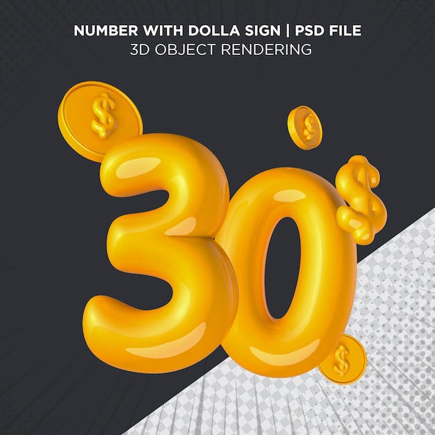 30 dollar number Thirty dollar USD sign Yellow 3d rendering