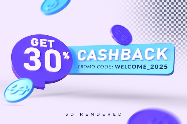 30 percent cashback 3d rendering isolated concept with alpha background