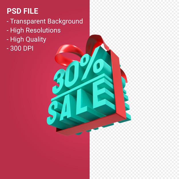 30 percentage sale with bow and ribbon 3d design isolated 