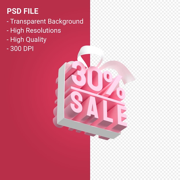 30 sale with bow and ribbon 3d design on isolated background