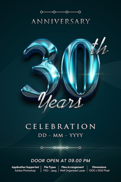 PSD 30 years anniversary poster or banner with editable text number 3d style