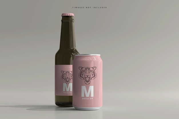 330ml Medium Size Soda or Beer Can and Bottle Mockup