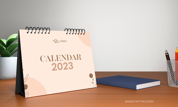 3D 2023 Yearly Desk Calendar With Book Plant Pot On Gray And Brown Background