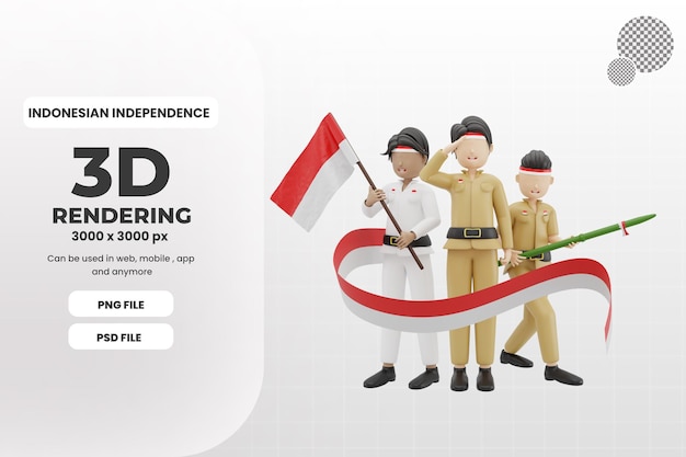 3d 3 male character bring indonesian flag illustration premium psd