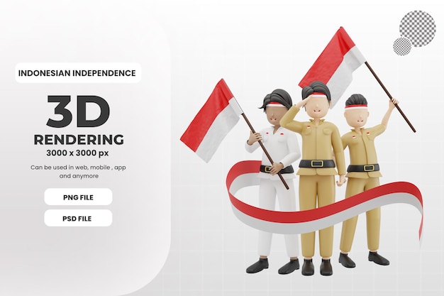 3d 3 male character bring indonesian flag illustration premium psd