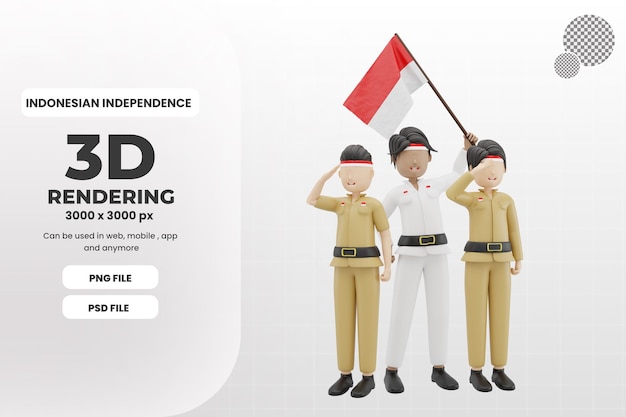 3d 3 male character bring indonesian flag illustration premium psd