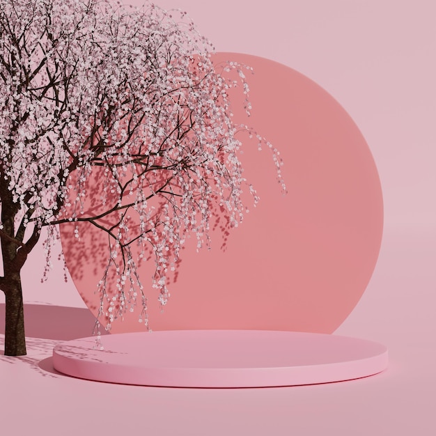 3d abstract japanese pink scene with cherry blossom tree product display for mockup presentation