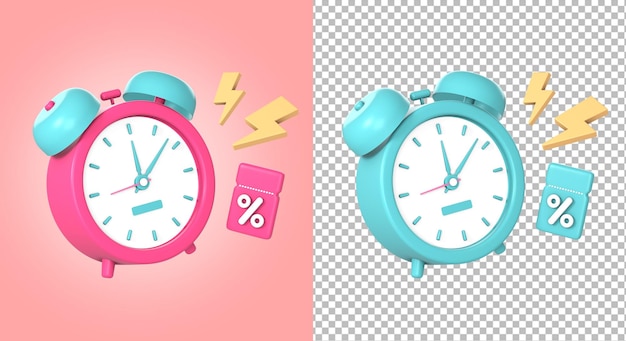 3d alarm clock with flash and promo voucher coupon code icon illustration