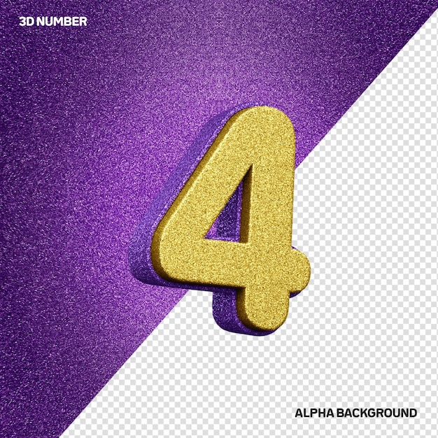 3D alphabet number 4 with golden glitter realistic texture with lilac