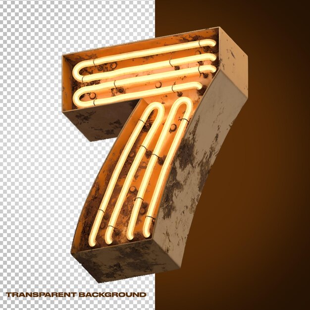 PSD 3d alphabet number 7 seven iron with neon light yellow orange