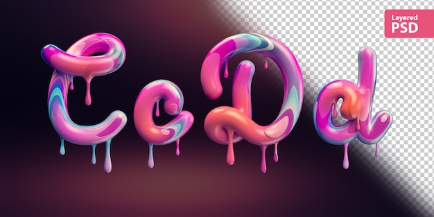 3d alphabet with melting colorful paint. Letters C c D d.