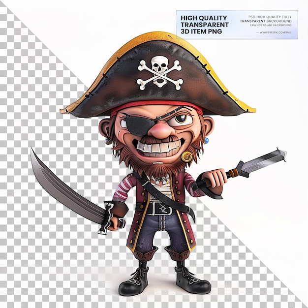 PSD 3d animated pirate with a mischievous expression on transparent background