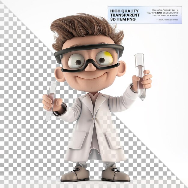 PSD 3d animated scientist with a curious expression on transparent background