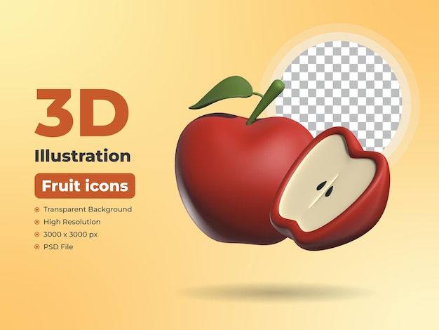 PSD 3d apple fruit icon with transparent background