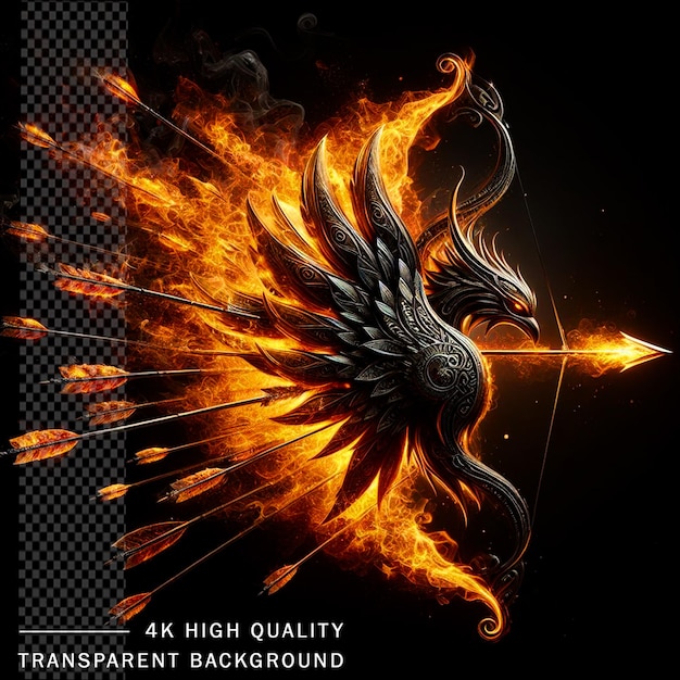 3D Arrow Bow on fire on transparent background