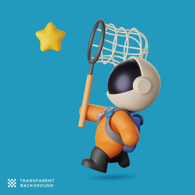 3d astronaut catching stars while holding the net. cute illustration