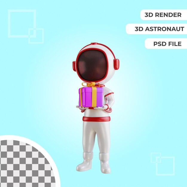 3d astronaut character bring gift box isolated premium psd