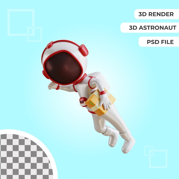 3d astronaut character fly with box isolated premium psd