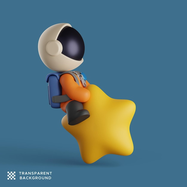 3d astronaut mascot playing and sitting on a yellow star. science concept design