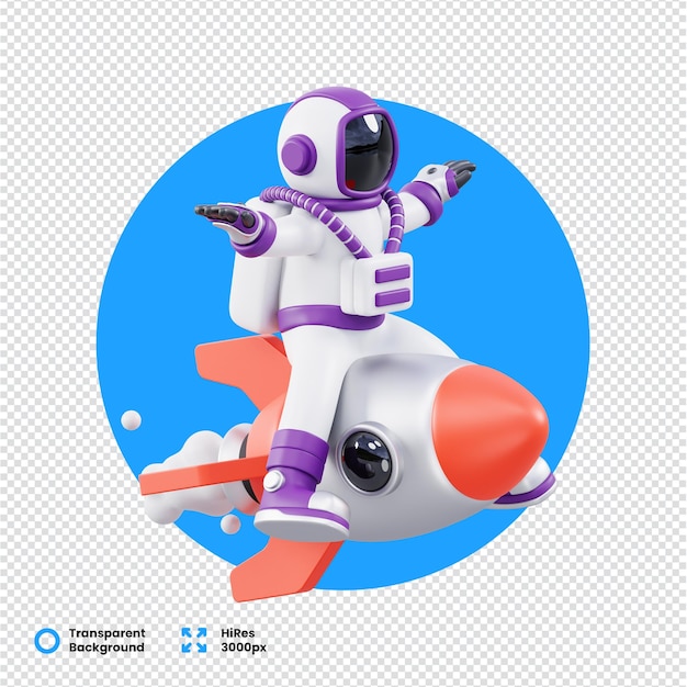 3D astronaut riding a rocket with a transparent background