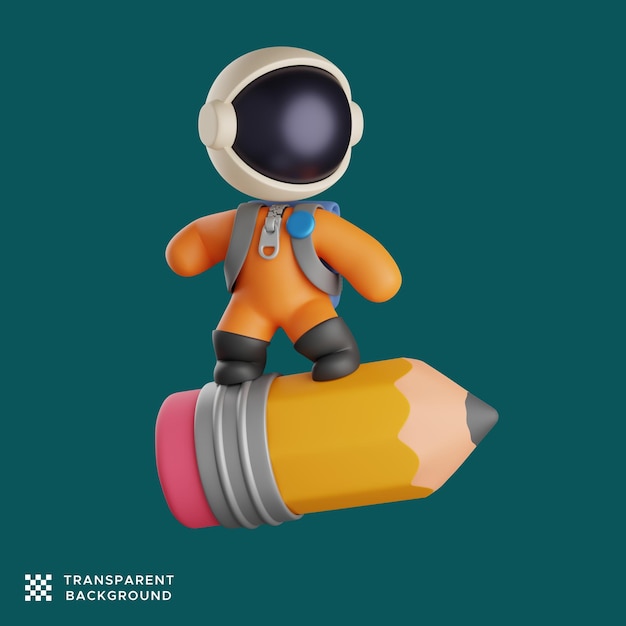 3d astronaut standing on a yellow flying pencil. cute illustration