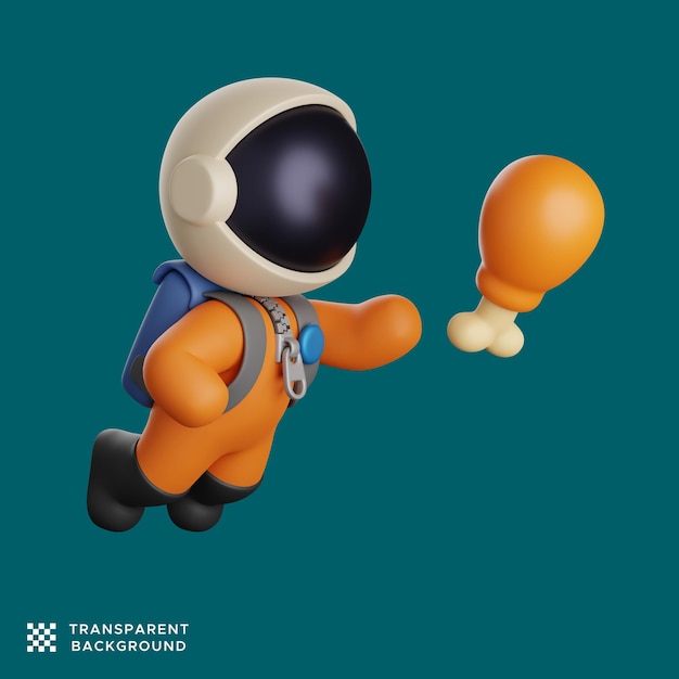 3d astronaut taking a flying fried chicken. cute character