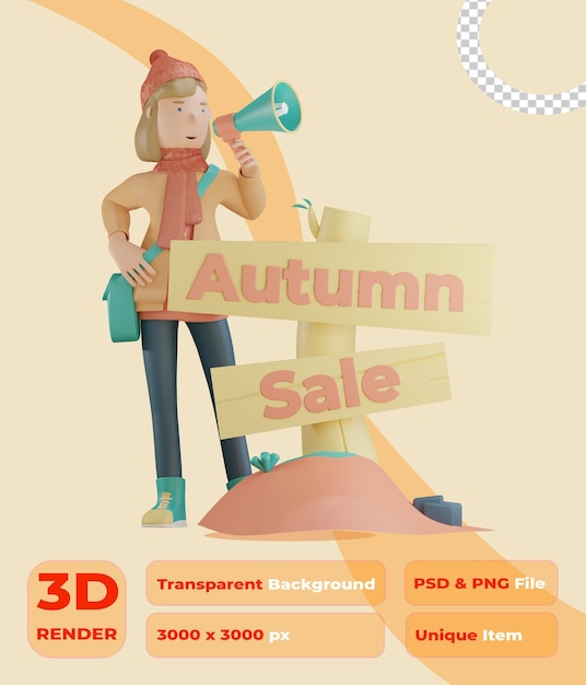 3d autumn character holding megaphone for autumn sale 3d render