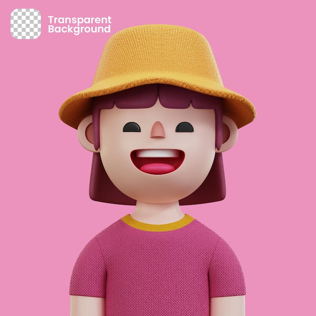 3D Avatar Pink Shirt Woman with Yellow Hat Character PNG Transparent