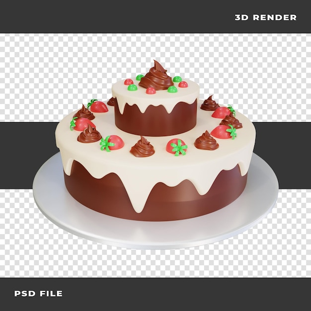 3D Birthday Cake with Strawberry Rendered on transparent background