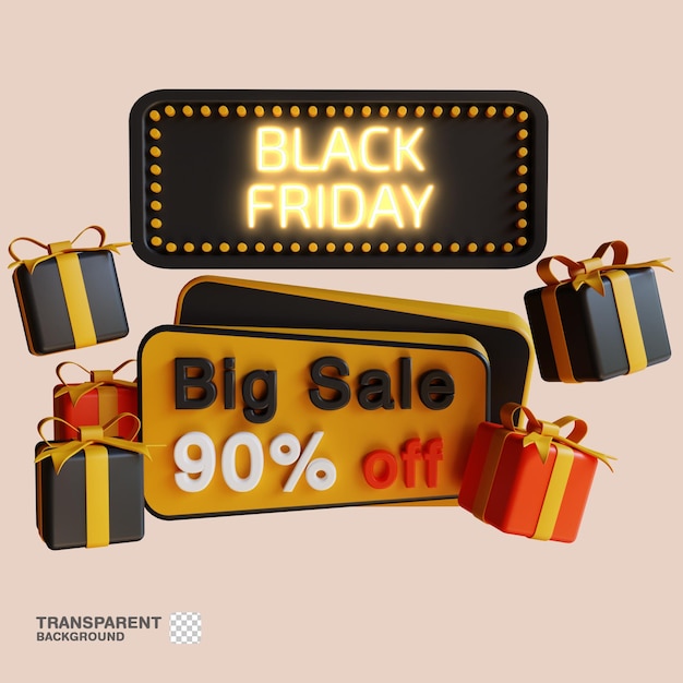 3D Black Friday Banner in Black Gold Discount Sale with Neon Text Glow for Marketing Source