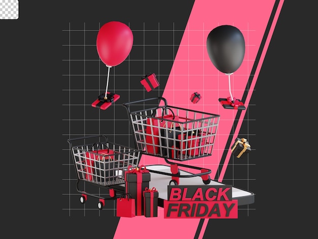 PSD 3d black friday illustration shopping special sale with cart giftbox and balloon