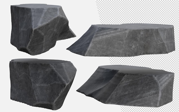 3D Black stone podium display Natural rough grey rock step pedestal Concept raw stone stand advertisement display product backdrop mountain