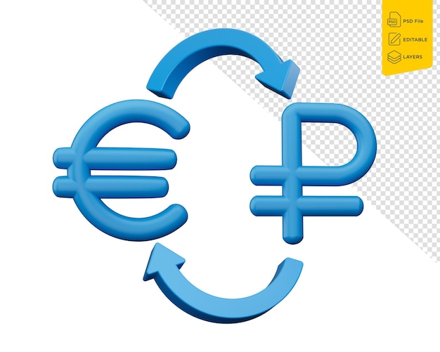 PSD 3d blue euro and ruble symbol icons with money exchange arrows on white background 3d illustration