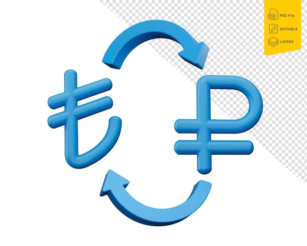 PSD 3d blue lira and ruble symbol icons with money exchange arrows on white background 3d illustration