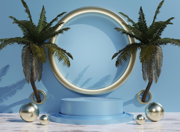 3d blue podium with tropical trees for product placement in background and editable color