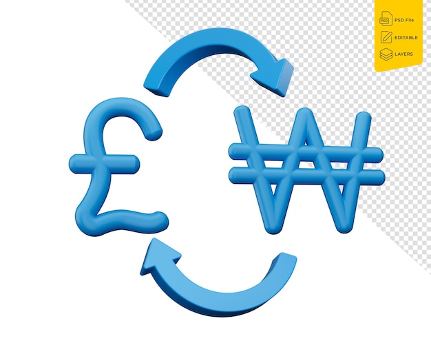 PSD 3d blue pound and won symbol icons with money exchange arrows on white background 3d illustration