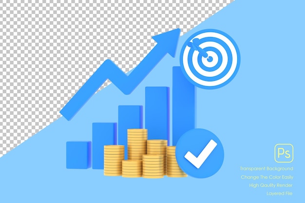 3D blue rising arrow profit bar graph and shield with multiple arrangements of coins